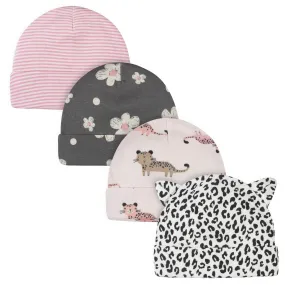 4-Pack Baby Girls Leopard Caps