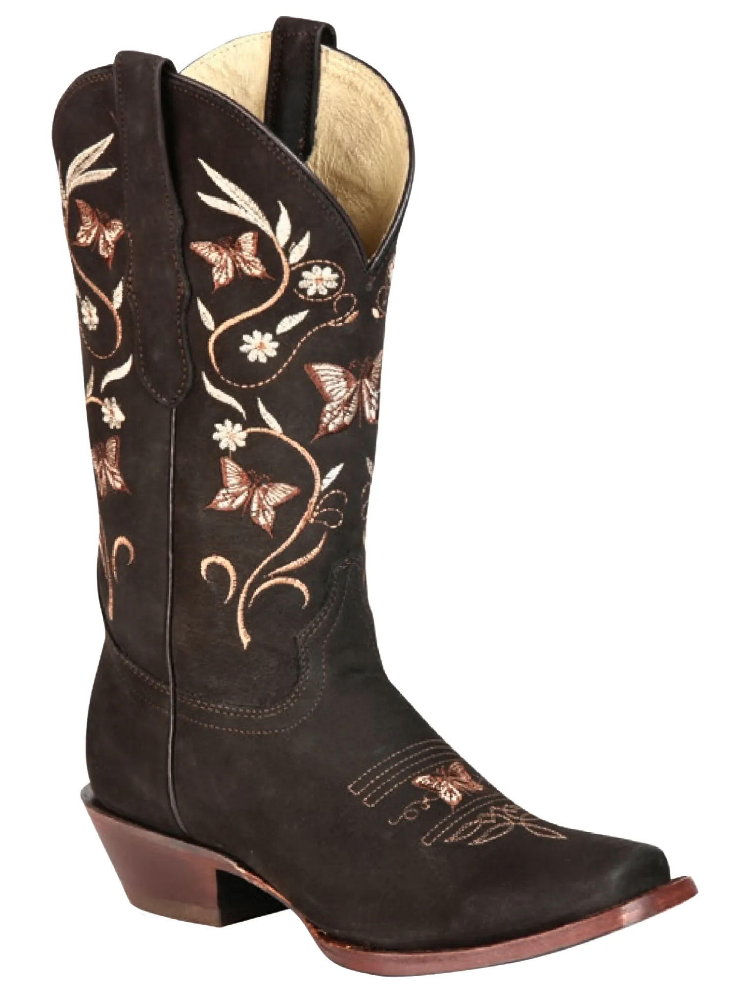 Botas Vaqueras Rodeo con Tubo Bordado de Mariposas de Piel Nobuck para Mujer 'El General' - ID: 51227