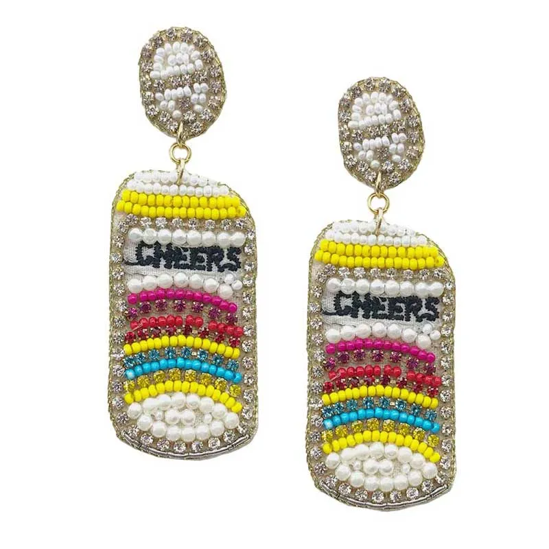 CHEERS Felt Back Pearl Stone Seed Beaded Beer Dangle Earring