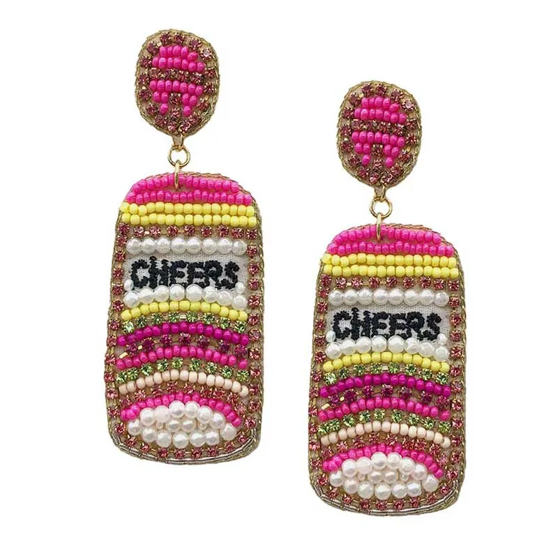 CHEERS Felt Back Pearl Stone Seed Beaded Beer Dangle Earring