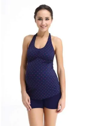 Noir Halter Maternity Swimwear Navy Stripes W Red Dots