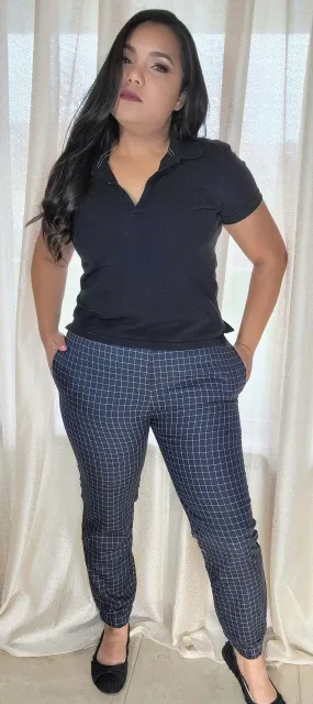 Women's Navy Pants | Elastic Back Waist Plaid with Pockets